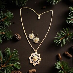 LUCKY Silver Floral Necklace and Earring Set. Marcasite & gold tone accent